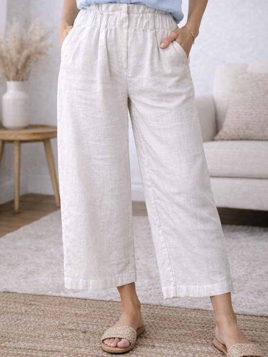 Coffee Bean Pants - Coffee Bean White Linen Blend Wide Leg Pants Paperbag Waist Size M